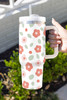 White Floral Leaves Print Stainless Large Portable Cup 1200ml