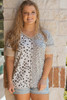 Khaki Plus Size Leopard Print Colorblock V Neck T Shirt