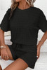 Black Frill Textured Short Sleeve Top and Drawstring Shorts Set Black Frill Textured Short Sleeve Top and Drawstring Shorts Set
