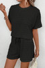 Black Frill Textured Short Sleeve Top and Drawstring Shorts Set Black Frill Textured Short Sleeve Top and Drawstring Shorts Set