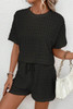 Black Frill Textured Short Sleeve Top and Drawstring Shorts Set Black Frill Textured Short Sleeve Top and Drawstring Shorts Set