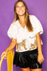 White Sequined Tiger V Neck Puff Sleeve Blouse White Sequined Tiger V Neck Puff Sleeve Blouse