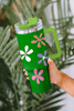 Dark Green Floral Print Stainless Steel Tumbler with Handle 1200ml