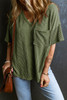 Jungle Green Corded V Neck Chest Pocket Loose T-shirt
