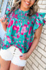 Green Floral Ruffled Flutter Sleeve Ruched Blouse