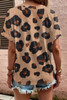 Light French Beige Leopard Folded Short Sleeve Buttoned V Neck T Shirt