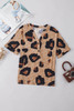 Light French Beige Leopard Folded Short Sleeve Buttoned V Neck T Shirt