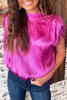 Bright Pink Ruched Sleeves Knotted Backless Blouse