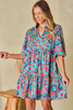 Green Leopard Print Bubble Sleeve Slit Neck Ruffled Dress