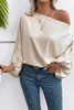 Apricot Asymmetrical Neck Balloon Sleeve Satin Blouse