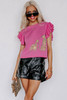 Pink Leopard Ruffled Sleeve Round Neck Knit Sweater