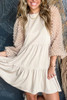 Beige Embellished Puff Sleeve Tiered A-line Dress