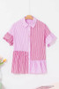 Pink Stripe Striped Patchwork Ruffled Hem Button up Shirt Pink Stripe Striped Patchwork Ruffled Hem Button up Shirt