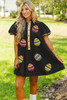 Black Glistening Easter Egg Sequin Trim Half Button Puff Sleeve Dress
