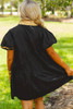 Black Glistening Easter Egg Sequin Trim Half Button Puff Sleeve Dress