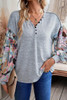 Gray Floral Lantern Sleeve Patchwork Buttoned V Neck Top