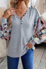 Gray Floral Lantern Sleeve Patchwork Buttoned V Neck Top
