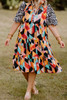 Pink Contrast Puff Sleeve Abstract Print Tiered Plus Size Dress