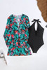 Black Halter Neck Monokini with Floral Beach Cover Up