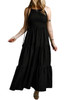 Black Spaghetti Straps Smocked Pleated Tiered Maxi Dress