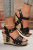 Black Rivet Buckle Closure Wedge Sandals