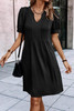 Black Notched Neck Pleated Puff Sleeve Shift T-shirt Dress