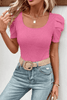 Bright Pink Waffle Knit Ruched Puff Sleeve Top
