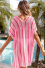Pink Striped Crochet Loose Fit V Neck Beach Cover Up