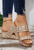 Camel Rivet Double Straps Wedge Slippers
