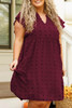 Burgundy Plus Size Swiss Dot Ruffled Sleeve V Neck Dress