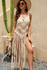 Beige Boho Pointelle Crochet Sleeveless Fringed Beach Dress