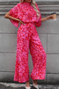 Rose Leopard Loose Sleeve Belted Wide Leg Jumpsuit