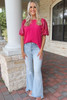 Rose Red Contrast Sequin Puff Sleeve T Shirt