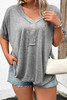 Gray Plus Size Buttoned V Neck Batwing Sleeve Top