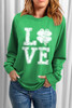 Green LOVE Clover Print Raglan Sleeve Pullover Sweatshirt