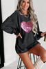 Black Sequin Heart Shaped Crewneck Corded Sweatshirt