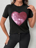 Black Valentine Sequin Heart Shaped Crew Neck T Shirt
