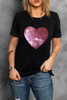 Black Valentine Sequin Heart Shaped Crew Neck T Shirt