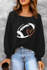 Black Rugby Print Square Neck Puff Sleeve Waffle Top Black Rugby Print Square Neck Puff Sleeve Waffle Top