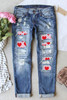 Sky Blue Valentines Day Heart Patchwork Distressed Jeans Sky Blue Valentines Day Heart Patchwork Distressed Jeans