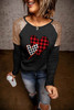 Black Heart Shape Plaid Print Sequin Patchwork Long Sleeve Top