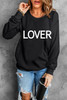 Black LOVER Letter Print Crew Neck Pullover Sweatshirt