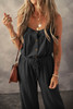 Black Knotted Straps Button Textured Drawstring Jumpsuit Black Knotted Straps Button Textured Drawstring Jumpsuit
