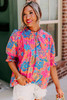 Rose Frilly Mock Neck Short Puff Sleeve Floral Blouse Rose Frilly Mock Neck Short Puff Sleeve Floral Blouse