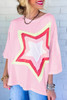 Light Pink Colorblock Star Patched Half Sleeve Oversized Tee