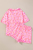 Pink Flower Print Short Sleeve Shirt Pajamas Set