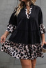 Black Leopard Patchwork Split Neck Ruffle Curvy Dress