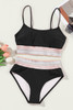 Black Striped Patchwork Spaghetti Strap High Waist Bikini Swimsuit