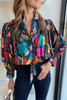 Green Floral Knot Split Neck Puff Sleeve Blouse Green Floral Knot Split Neck Puff Sleeve Blouse