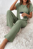 Grass Green Solid Color Ribbed Short Sleeve Wide Leg Jumpsuit